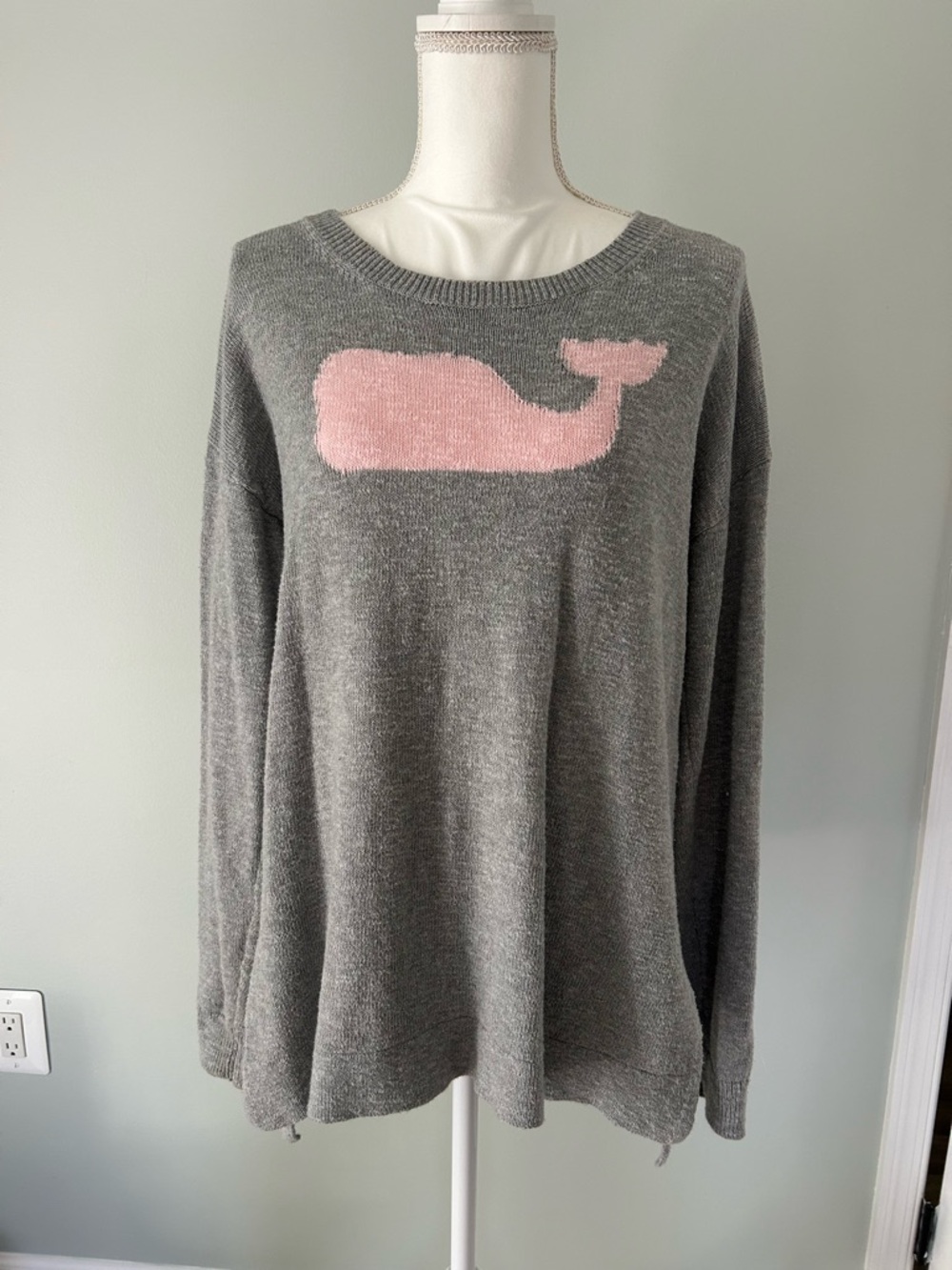 Vineyard Vines Gray Crewneck Sweater with Pink Whale Logo